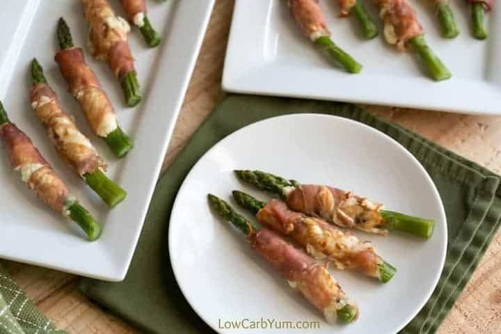 serving prosciutto wrapped asparagus cream cheese appetizer