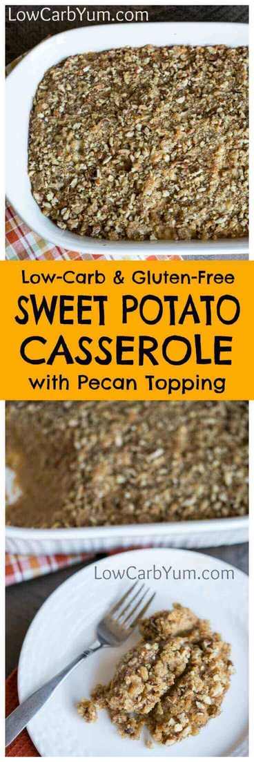 Ditching the carbs? Try this easy low carb sweet potato casserole with a delicious pecan topping. It's perfect for the holidays, or any occasion. | LowCarbYum.com