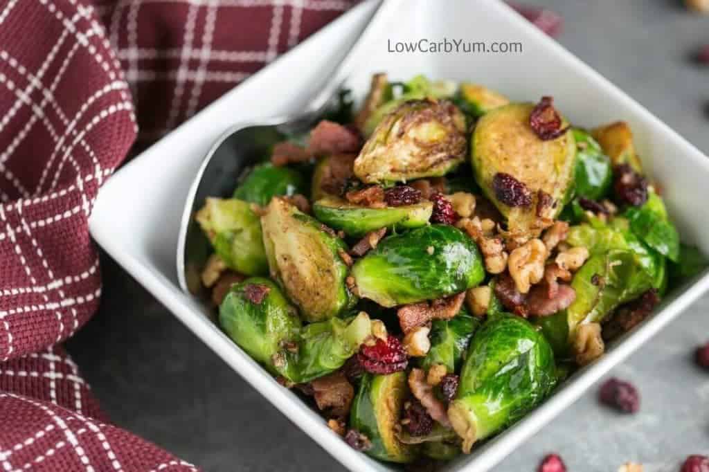 Pan Fried Brussels Sprouts with Bacon and Cranberries Low Carb Yum