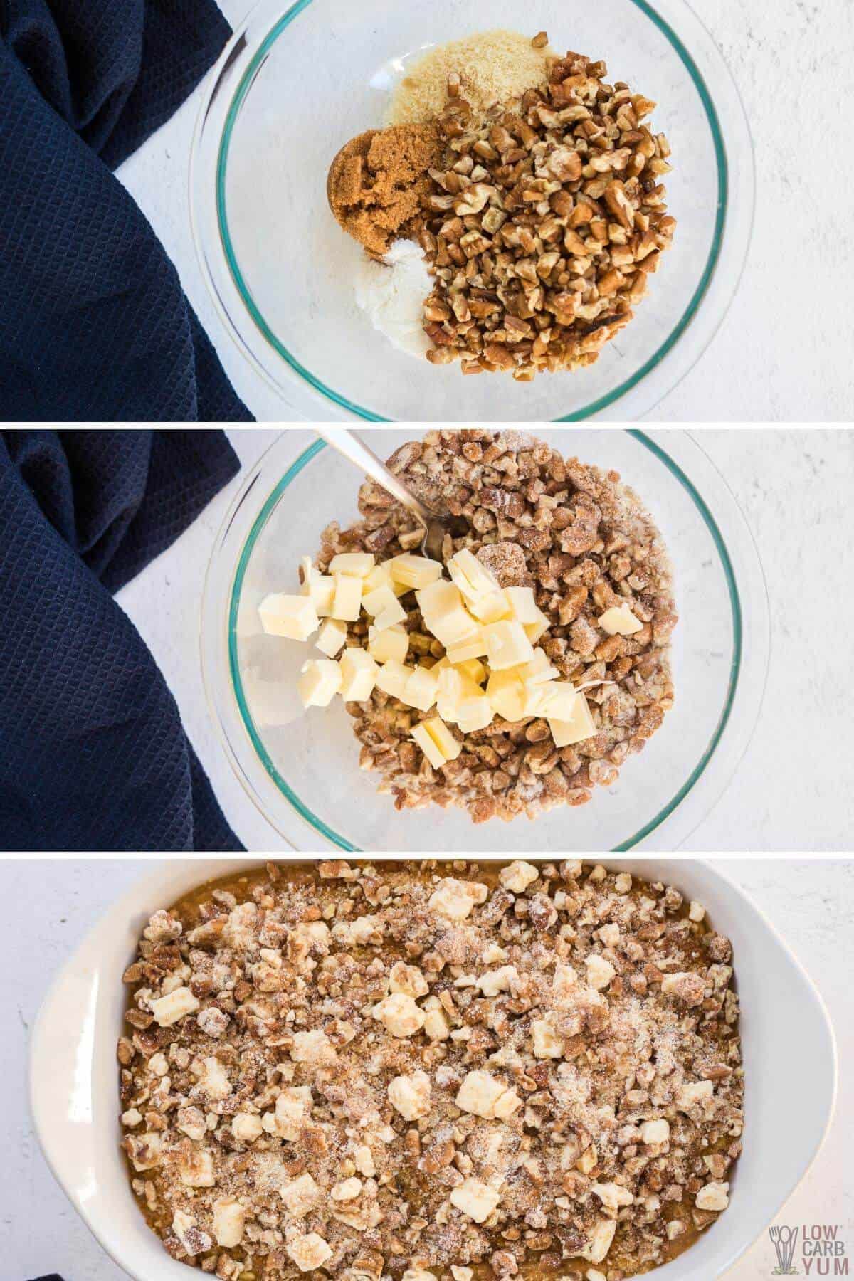 making the sweet pecan topping and spreading over mash mixture