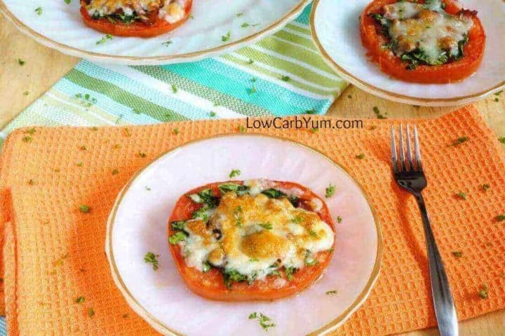 low carb tomato mozzarella appetizer with Spinach and Bacon on plate
