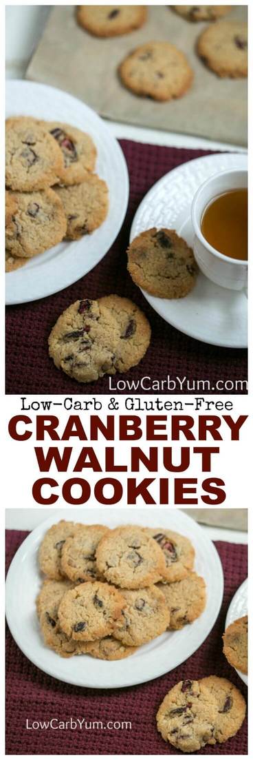 Crisp buttery almond flour cookies with cranberries, walnuts, and a hint of cinnamon. They are sure to become a favorite low carb cookie. And, they're gluten free too! #lowcarb #keto #glutenfree #ketocookies | LowCarbYum.com