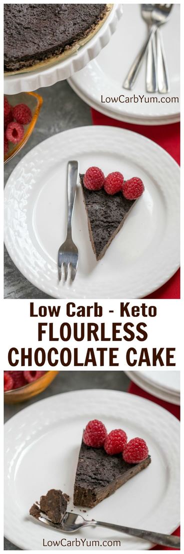 A delicious flourless low carb chocolate cake recipe. It's a simple low carb dessert idea and only requires 5 ingredients to get started! | LowCarbYum.com