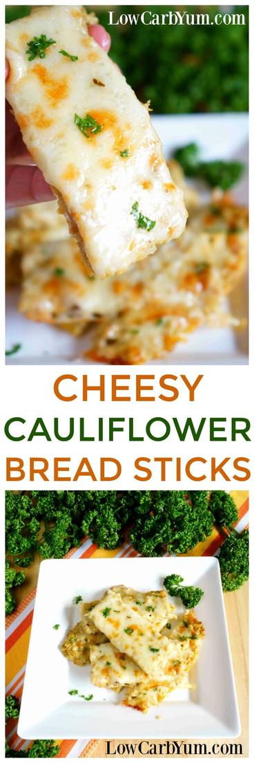 Using the same idea as pizza crust, it's easy to make a low carb cheesy cauliflower breadsticks recipe instead. Simply leave out the pizza sauce! | LowCarbYum.com