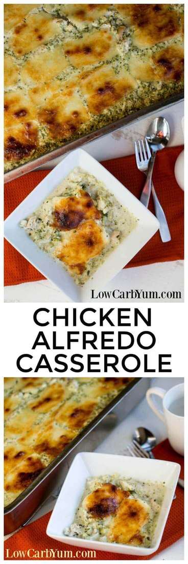 Need to feed a crowd or looking to make extra to freeze for later? You'll get plenty of servings in this super sized chicken Alfredo casserole recipe. | LowCarbYum.com