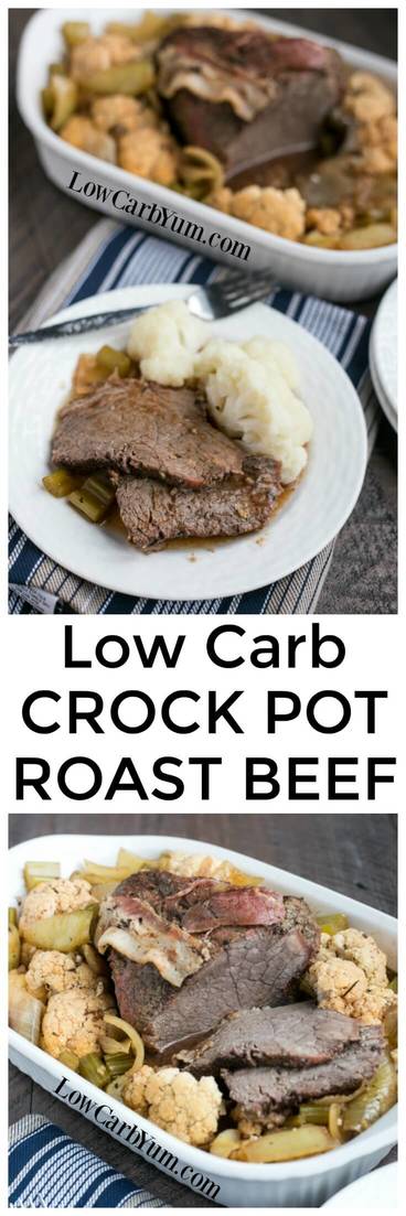 A simple low carb crock pot roast beef that slow cooks during the day. Serve it with steamed or mashed cauliflower for a comforting meal. | LowCarbYum.com
