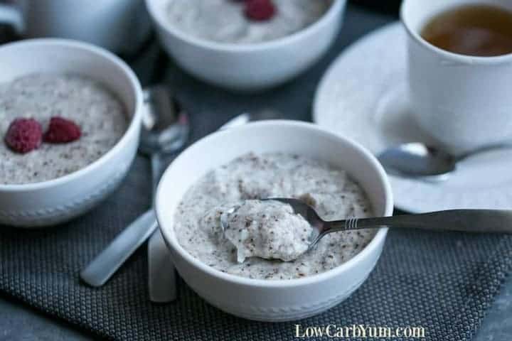 keto hot mock oatmeal cereal on spoon in bowl