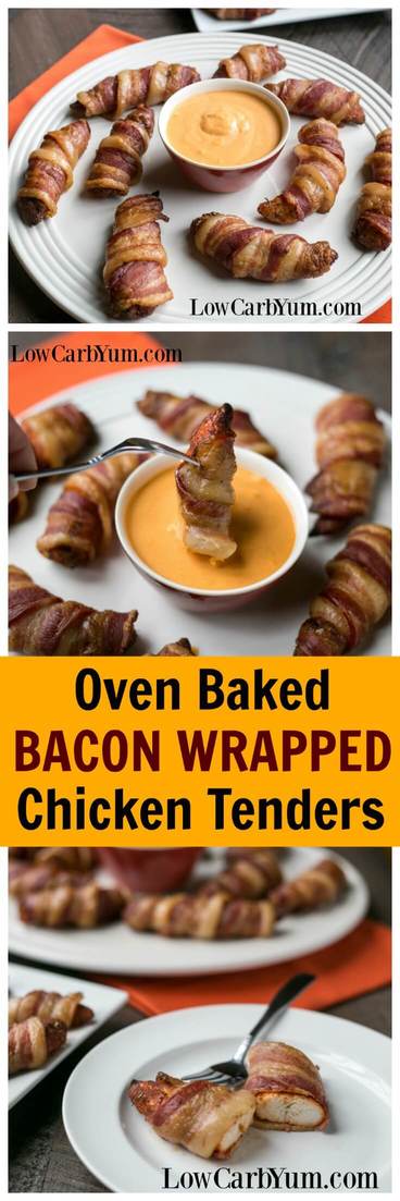 These oven baked bacon wrapped chicken tenders are always a hit as a low carb appetizer, a low carb snack or as a main dish. #lowcarbchicken #lowcarbappetizer #lowcarbrecipe | LowCarbYum.com