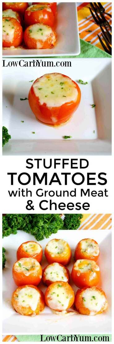 An easy low carb recipe of stuffed tomatoes with meat and cheese. These are always a hit with family and friends! | LowCarbYum.com
