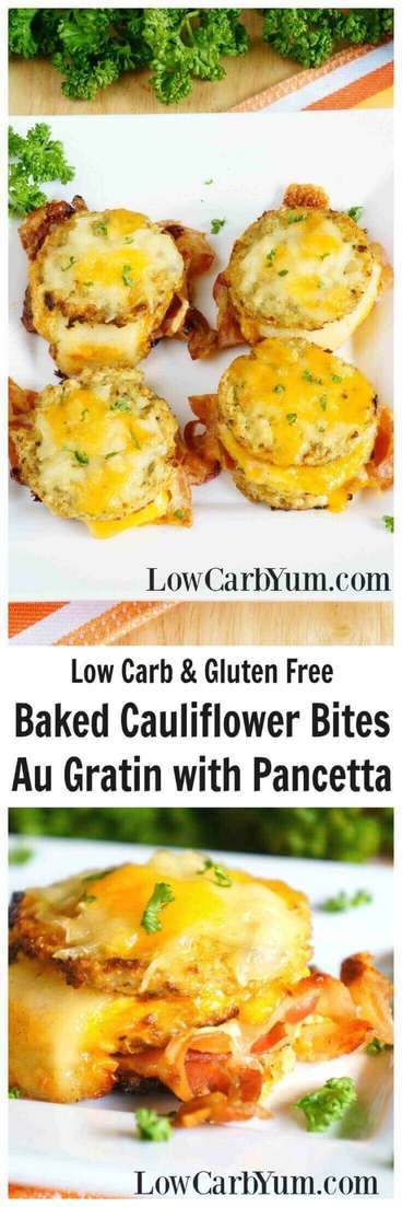 Get them to eat their veggies with these yummy baked cauliflower bites au gratin with pancetta. With all the cheese, they may not notice its a veggie. | LowCarbYum.com