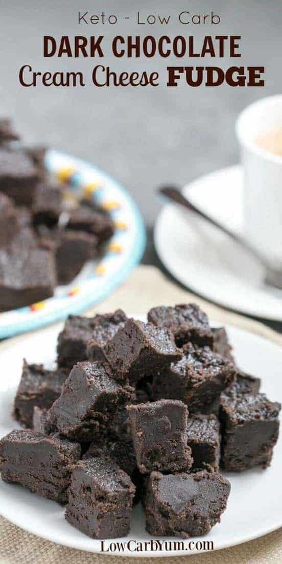 Satisfy your sweet tooth with this heavenly cream cheese dark chocolate keto fudge. It's a delicious low carb treat with only 1 gram net carb per square. | LowCarbYum.com