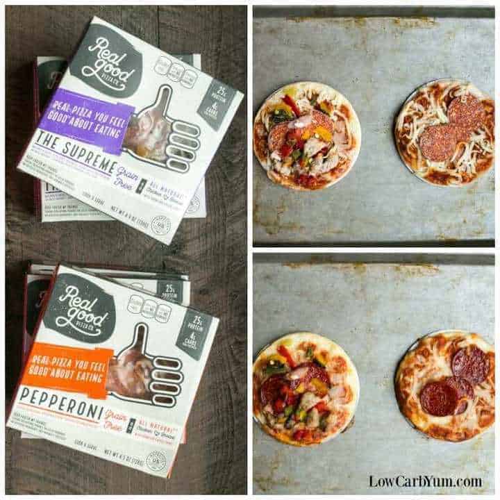 Real Good low carb frozen pizza on baking sheet