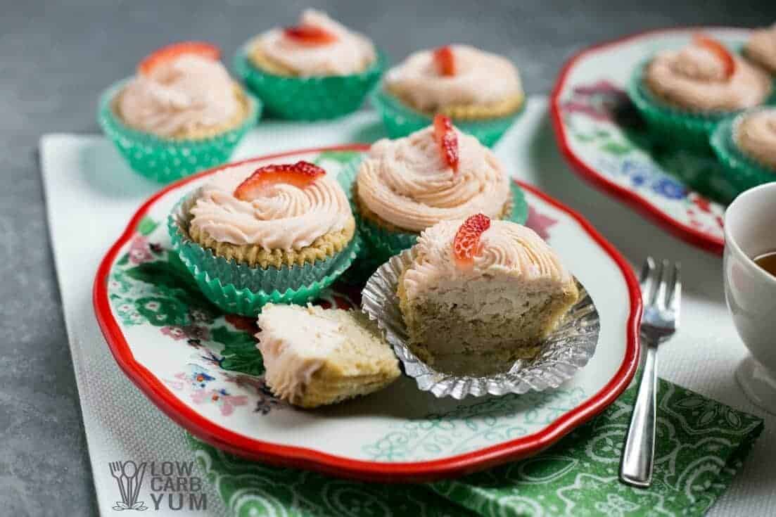 Low carb cupcakes with strawberry cream cheese frosting bite