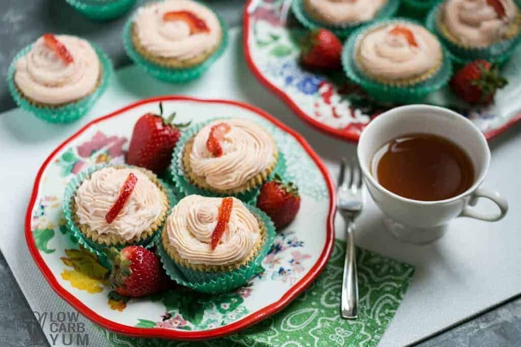 Low carb cupcakes with strawberry cream cheese frosting plate