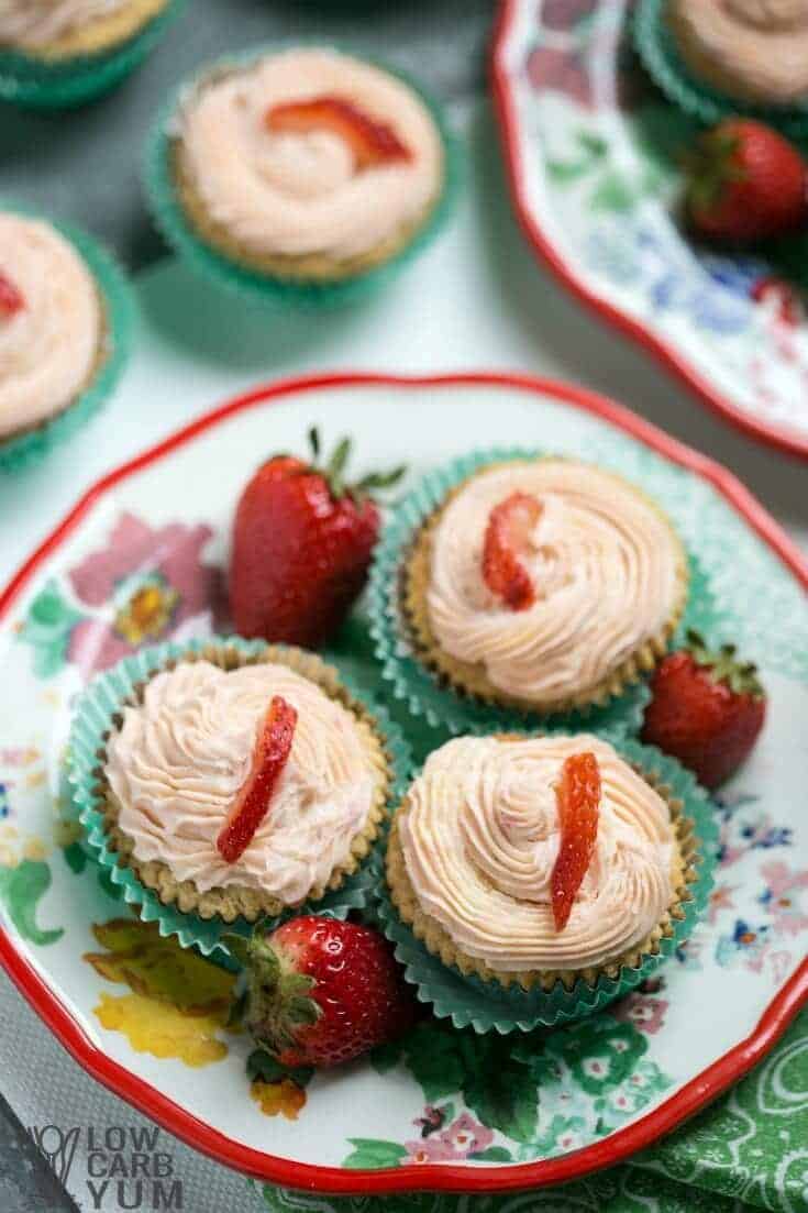 Low carb cupcakes with strawberry cream cheese frosting tall