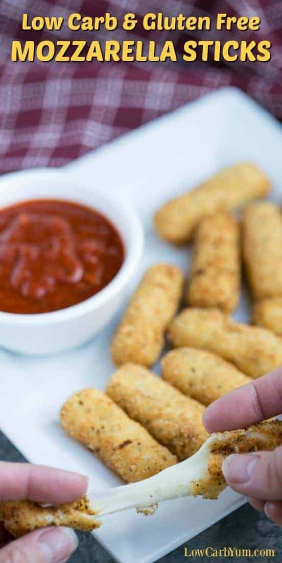 Want a convenient snack or appetizer? Keep some of these easy to make low carb gluten free mozzarella sticks in your freezer for a quick bite any time. | LowCarbYum.com