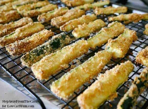 Low carb zucchini fries on baking rack