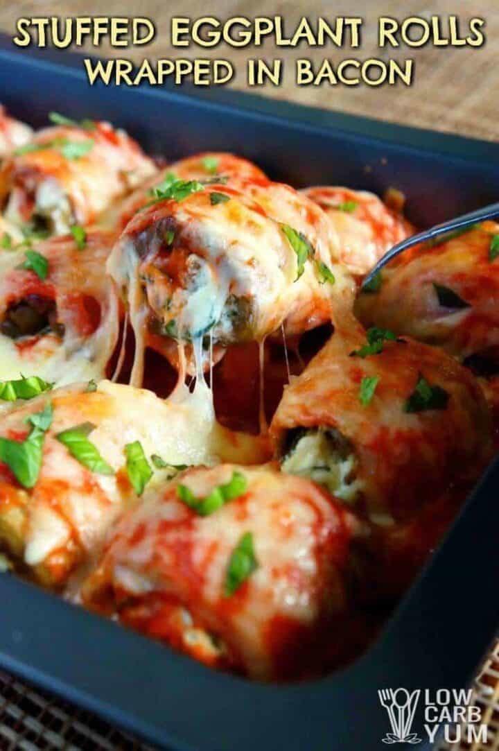 Stuffed Eggplant Rolls Wrapped in Bacon Low Carb Yum