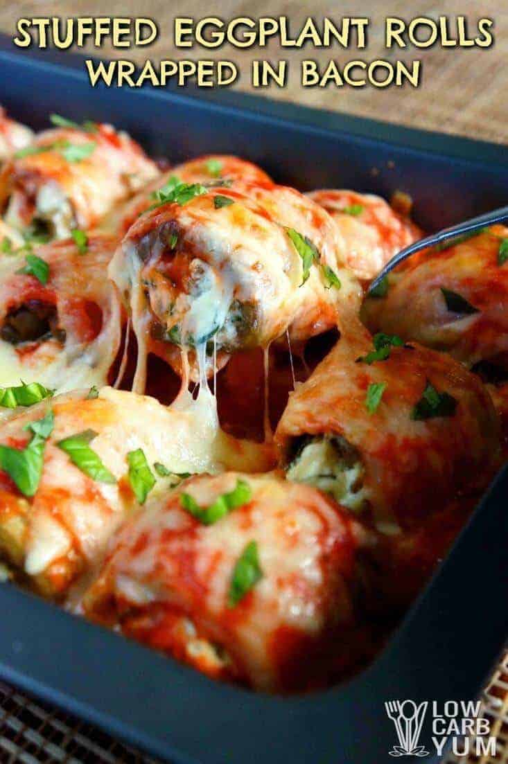 Low carb stuffed eggplant rolls wrapped in bacon