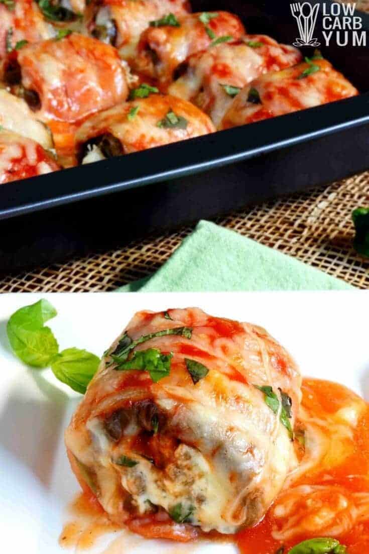 stuffed eggplant rolls wrapped in bacon tall