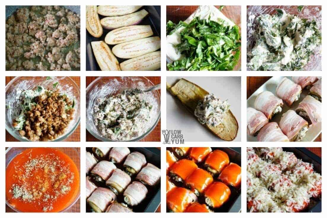 stuffed eggplant rolls wrapped in bacon collage