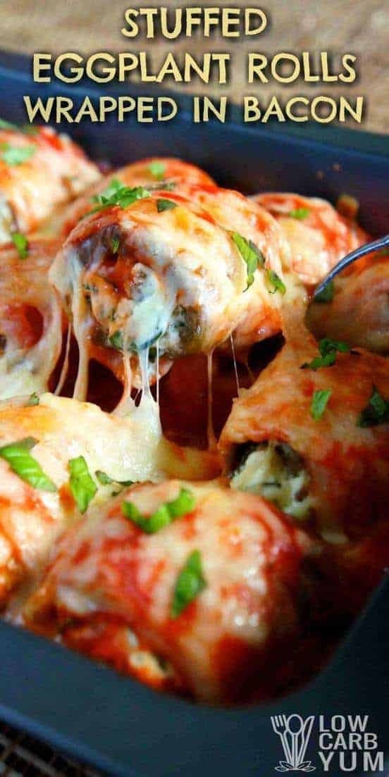 Delicious stuffed eggplant rolls with ground meat, wrapped in bacon, and topped with tomatoes and cheese. A perfect dish to feed a crowd! | LowCarbYum.com