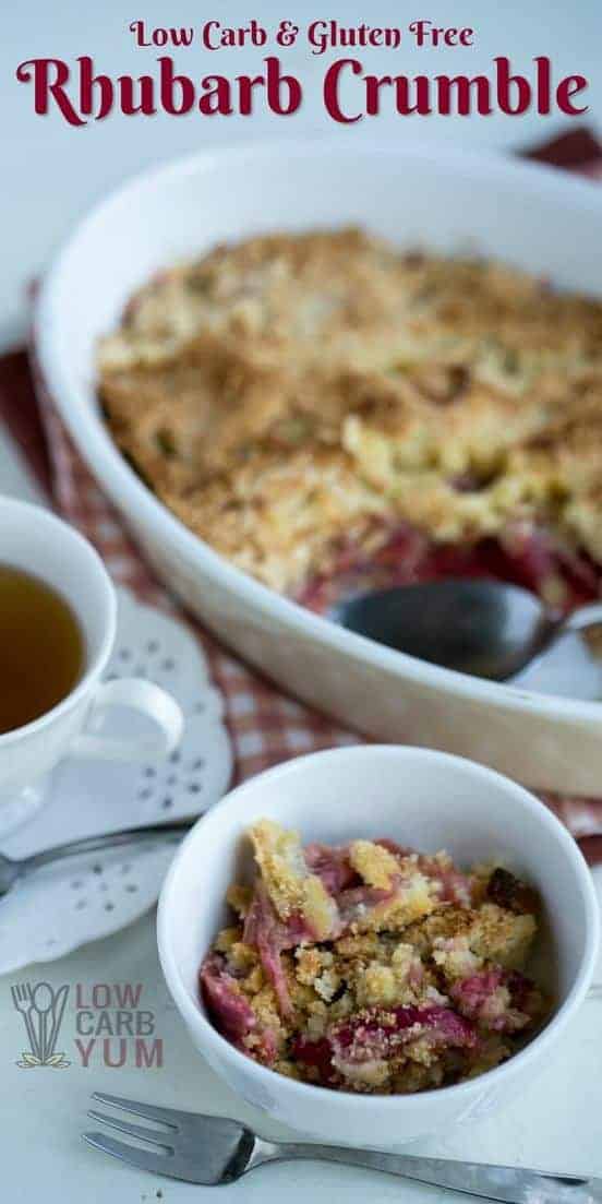 A delicious gluten free rhubarb crumble that's also low in carbs. It's one of the best ways to enjoy this tart spring crop! | LowCarbYum.com
