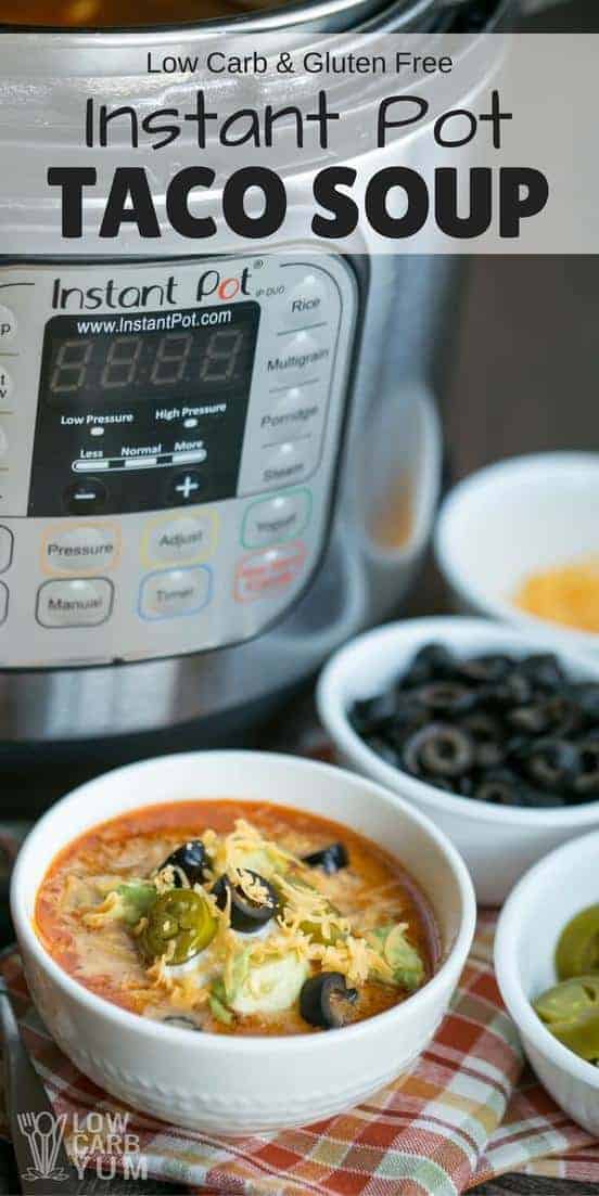 The Instant Pot cuts the cooking time for this simple low carb taco soup recipe. After the cooker reaches desired pressure, it's done in 15 minutes. | LowCarbYum.com