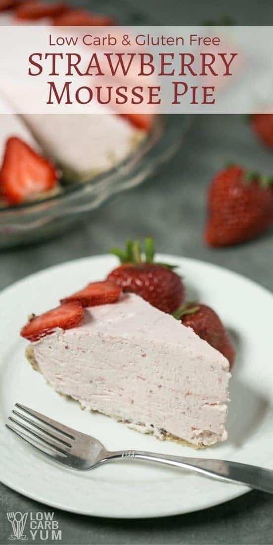 An easy to make low carb strawberry mousse pie that takes little time to prepare. It's a light and airy no bake icebox pie that sets in the refrigerator. | LowCarbYum.com