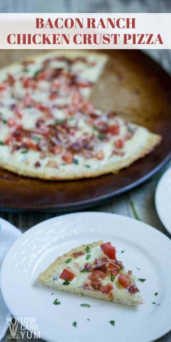 A tasty low carb gluten free bacon ranch chicken crust pizza that's super simple to make. It uses a near zero carb pizza crust made from ground meat. | LowCarbYum.com