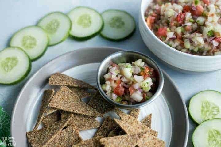 Cucumber salsa with low carb tortilla chips