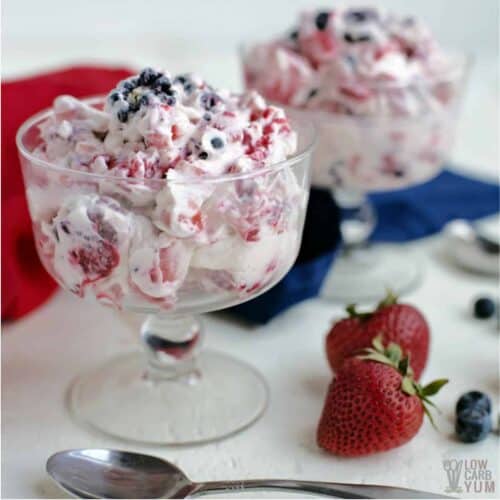 berry cheesecake salad in glass dessert dishes.