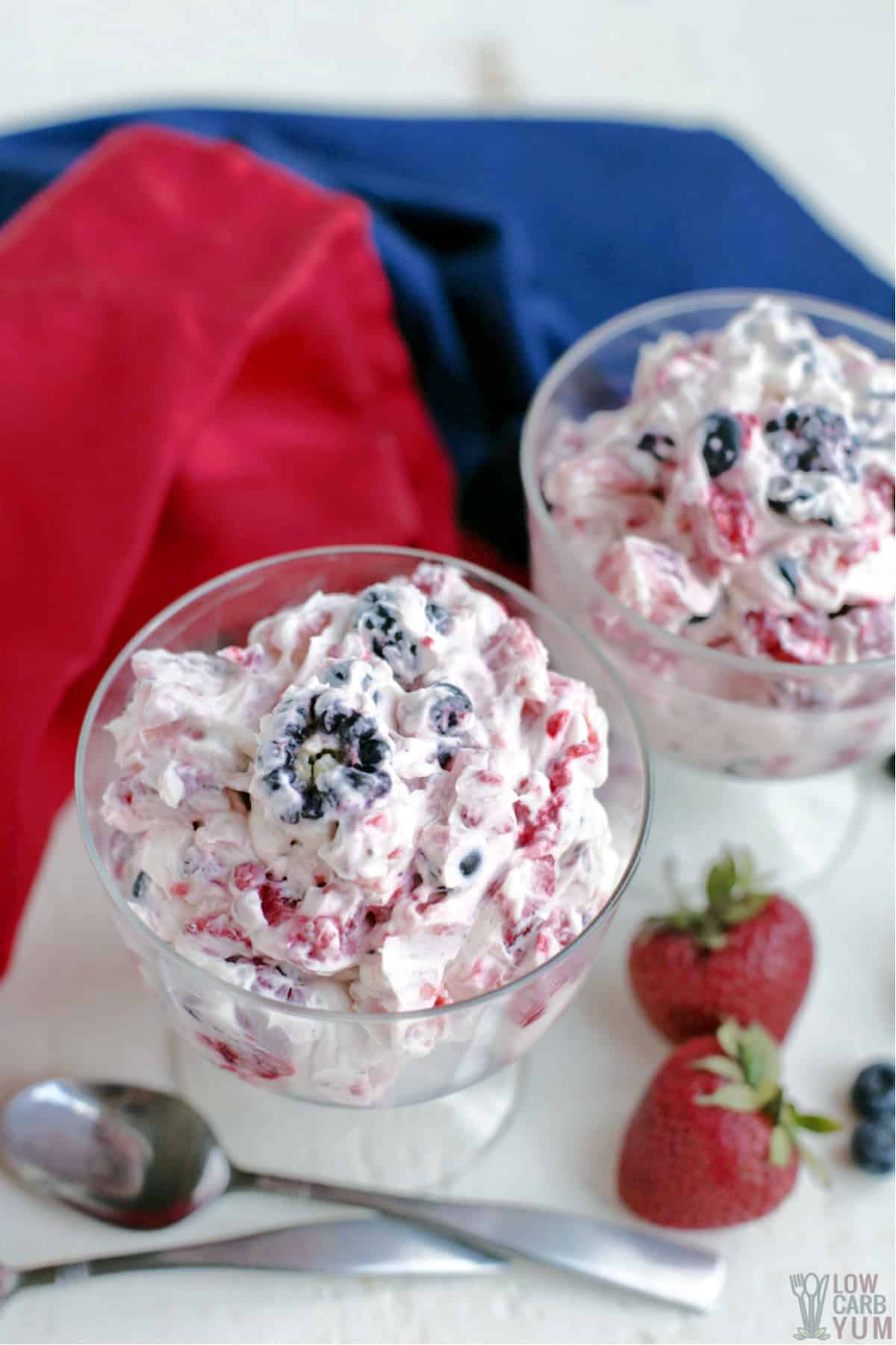 top view of cheesecake salad in dessert dishes.