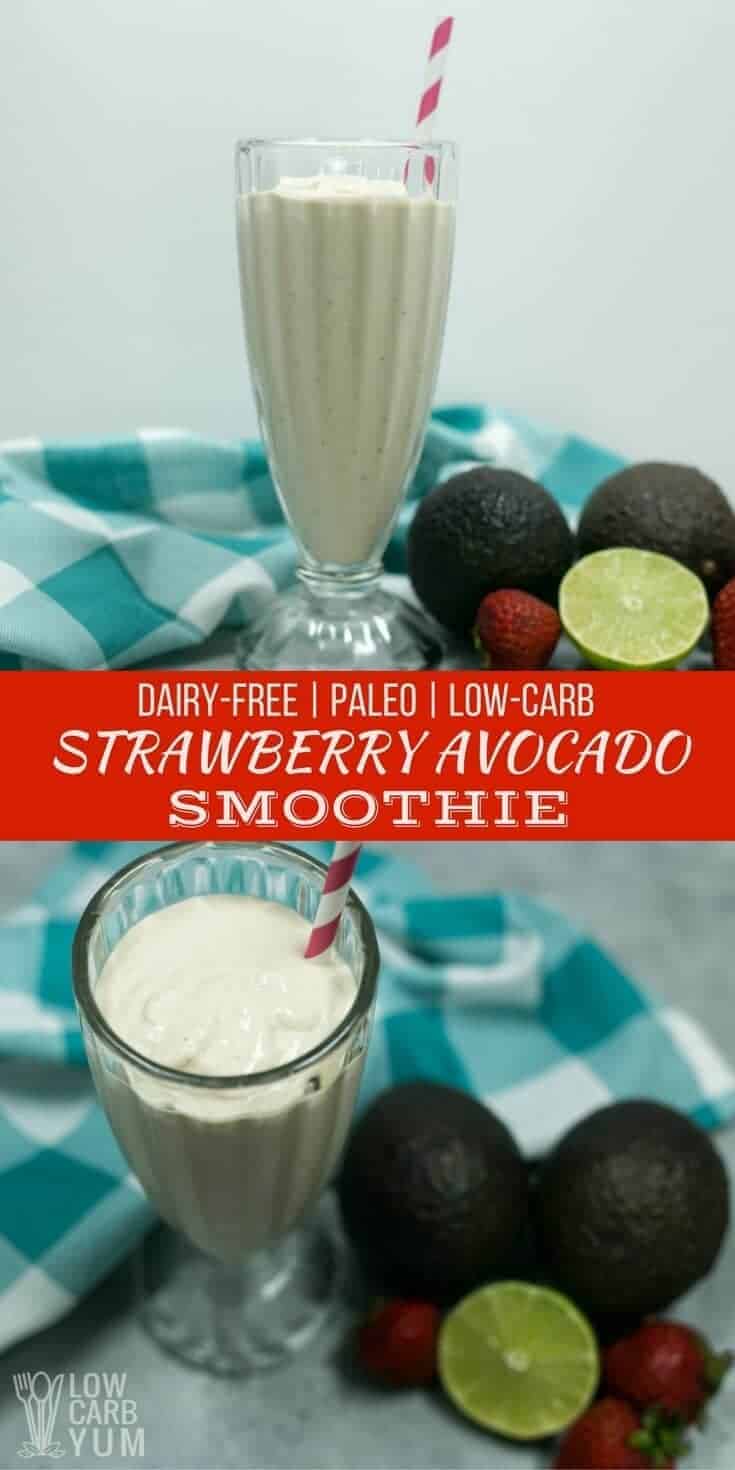 An easy to make strawberry avocado smoothie that's low carb, paleo, and keto friendly. It's also dairy-free but tastes so creamy, you'd never know. | LowCarbYum.com