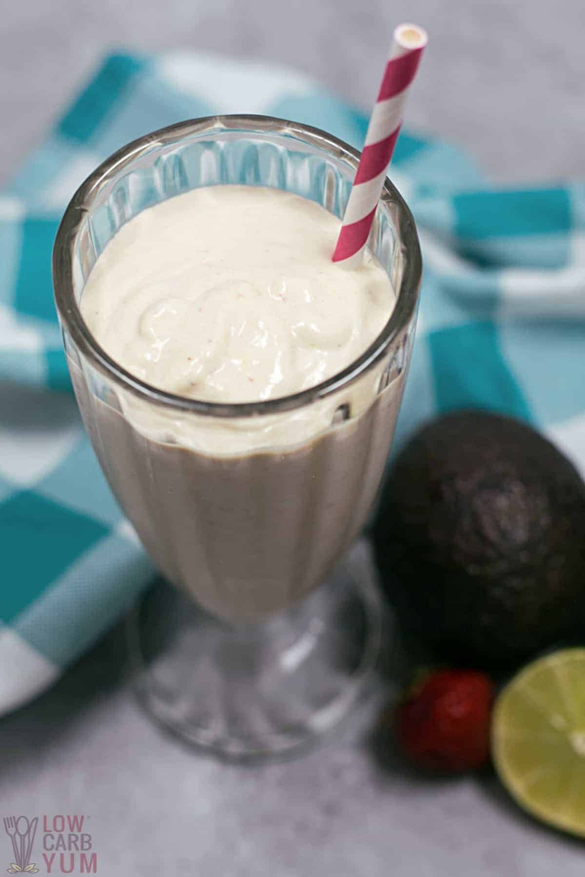 overhead view of thick keto strawberry smoothie.