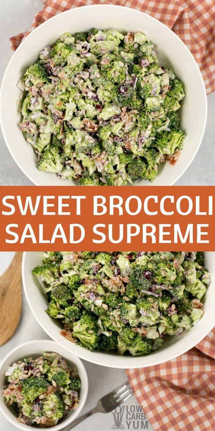 A classic sweet broccoli salad with crispy bacon and chewy unsweetened dried cranberries. It's low carb and paleo friendly with no added sugar. | LowCarbYum.com