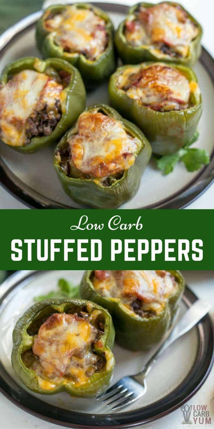 Low Carb Stuffed Peppers Topped with Cheese | Low Carb Yum