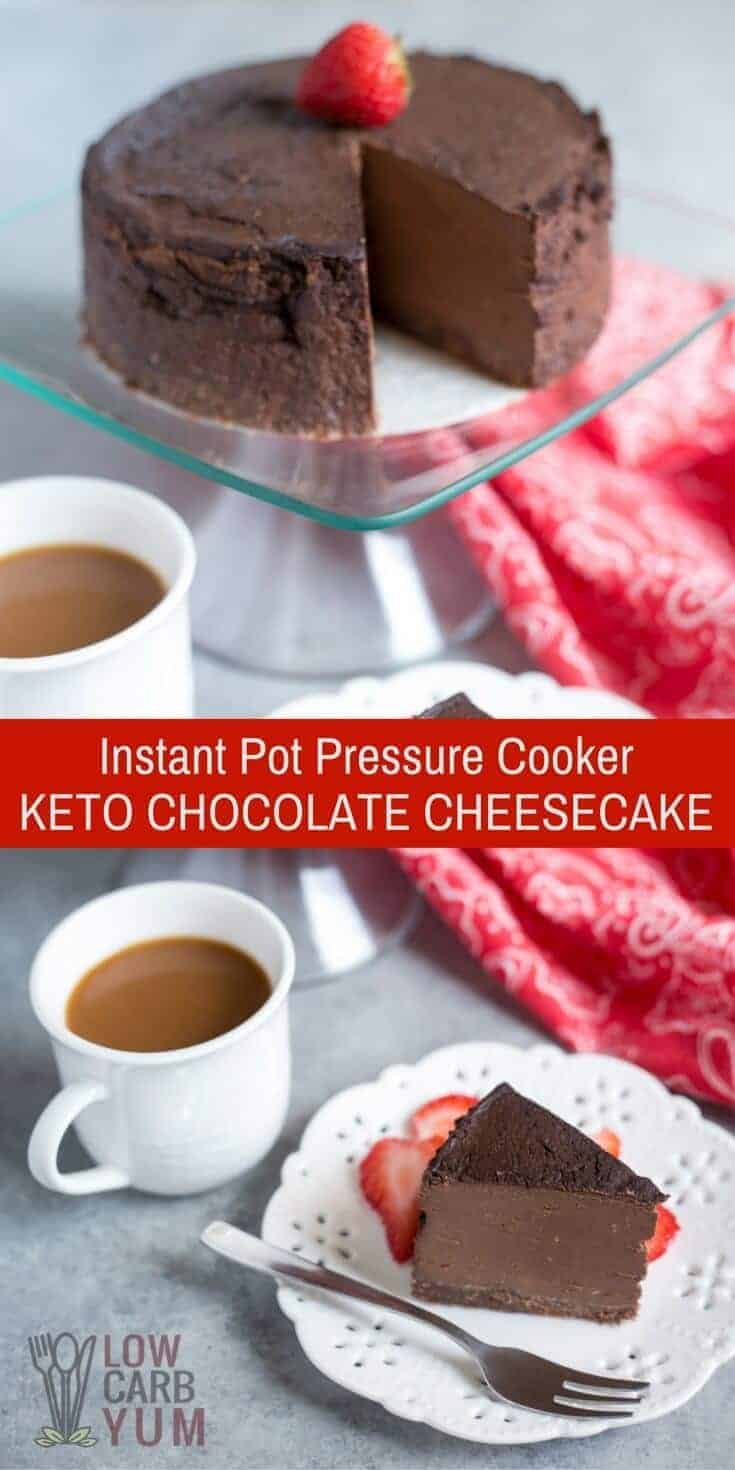 A decadent keto chocolate cheesecake that's made in the pressure cooker. No need to heat up an entire oven for this baked treat! | LowCarbYum.com