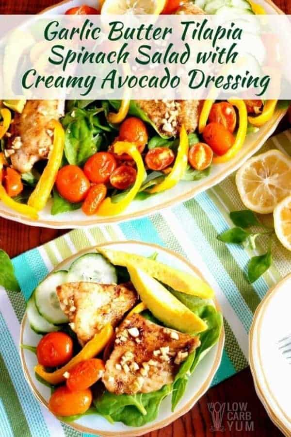 Tilapia Salad with Spinach and Creamy Avocado Dressing Low Carb Yum
