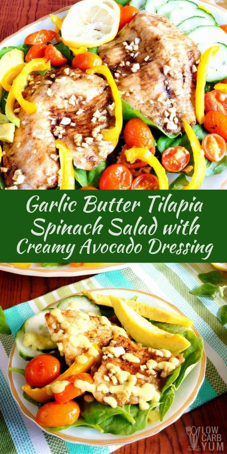 A garlic butter spinach tilapia salad served with creamy avocado dressing. It's an amazing flavor combination that's low carb and keto friendly! | LowCarbYum.com