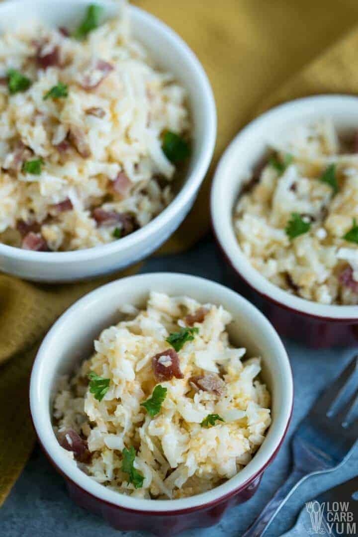 Loaded cheesy cauliflower rice recipe with bacon