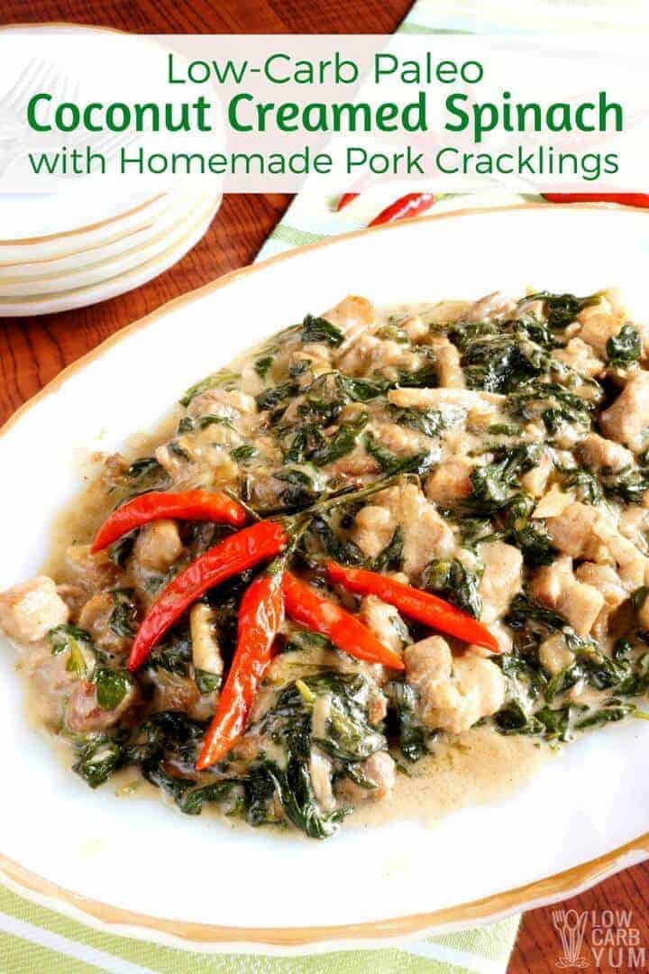 Low carb paleo creamed spinach with pork crackling recipe