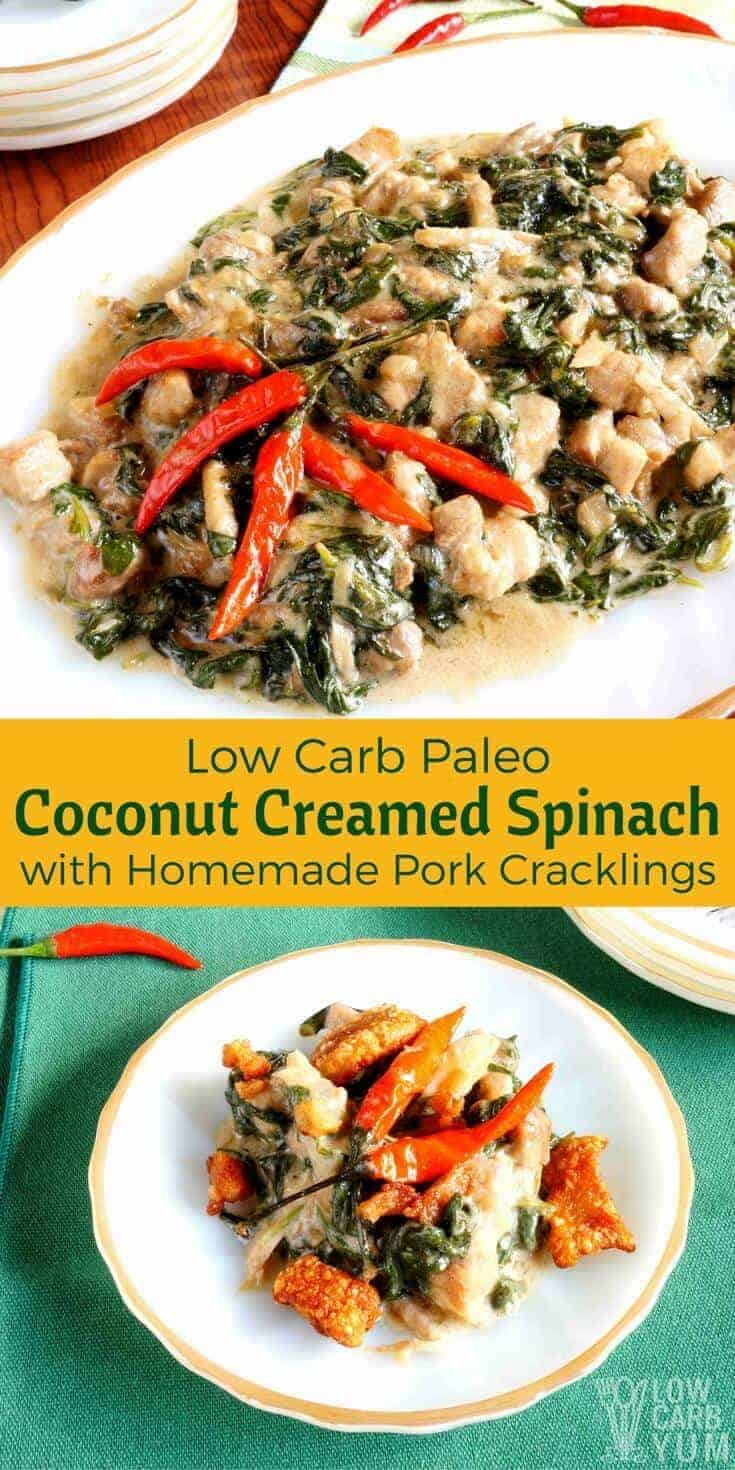 A low carb coconut creamed spinach dish with pork crackling makes a delicious dairy free main dish. It's paleo friendly and full of flavor. | LowCarbYum.com