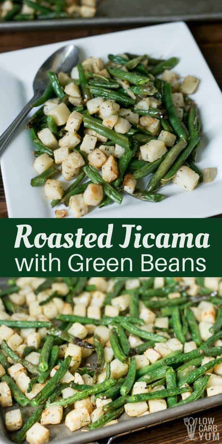 An easy roasted jicama with green beans that bakes up on a sheet pan. It's a great paleo friendly recipe seasoned with olive oil, garlic, and herbs. | LowCarbYum.com