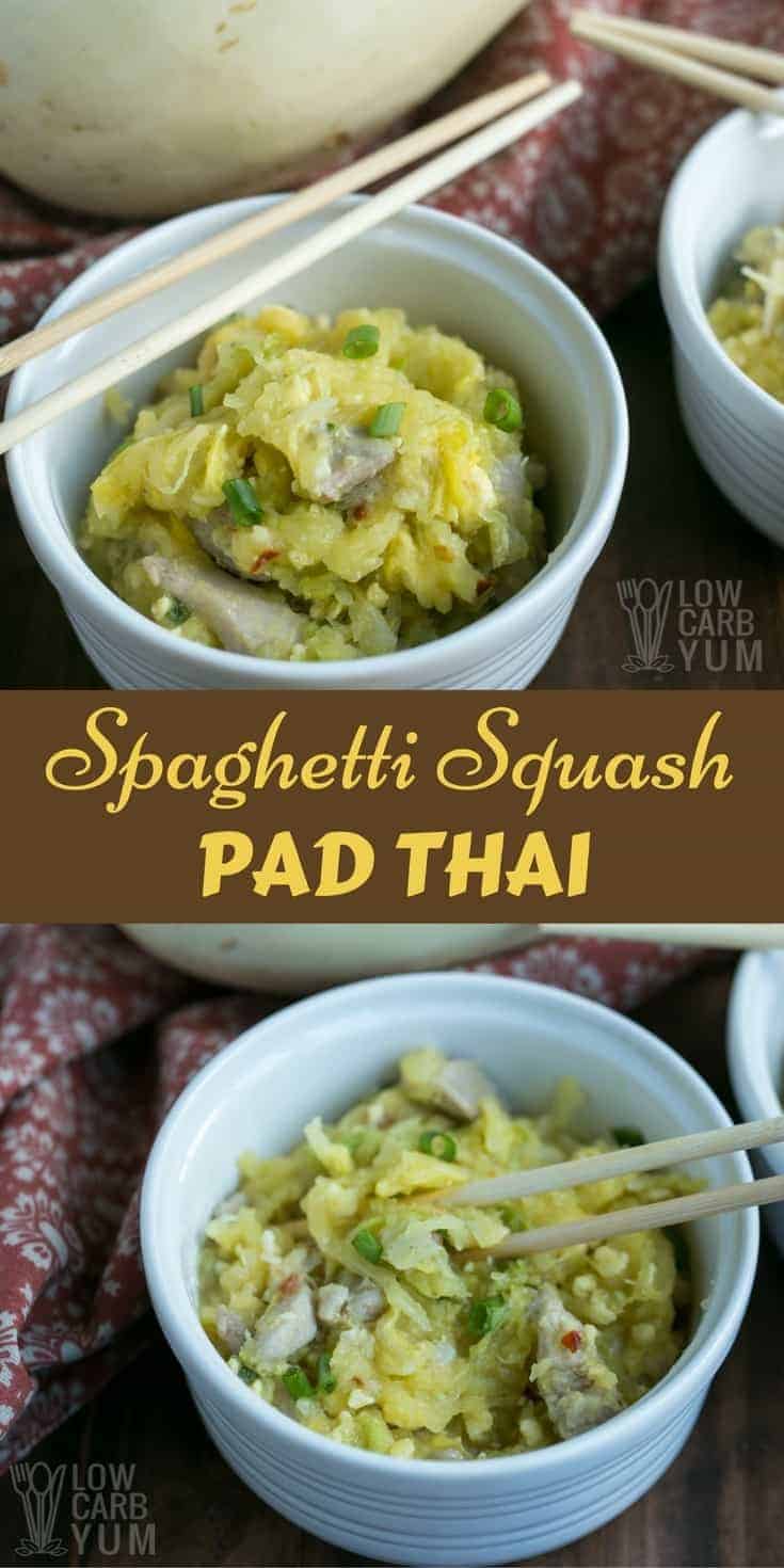An easy spaghetti squash Pad thai made with chicken. It's a delicious spicy Asian inspired dish that's made low carb and gluten free. | LowCarbYum.com