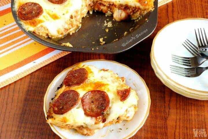 Low carb pizza in a deep dish pan