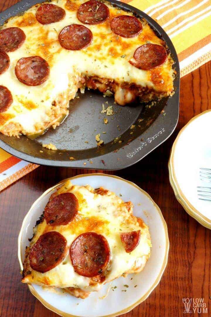 Meat lovers low carb pizza in a deep dish pan