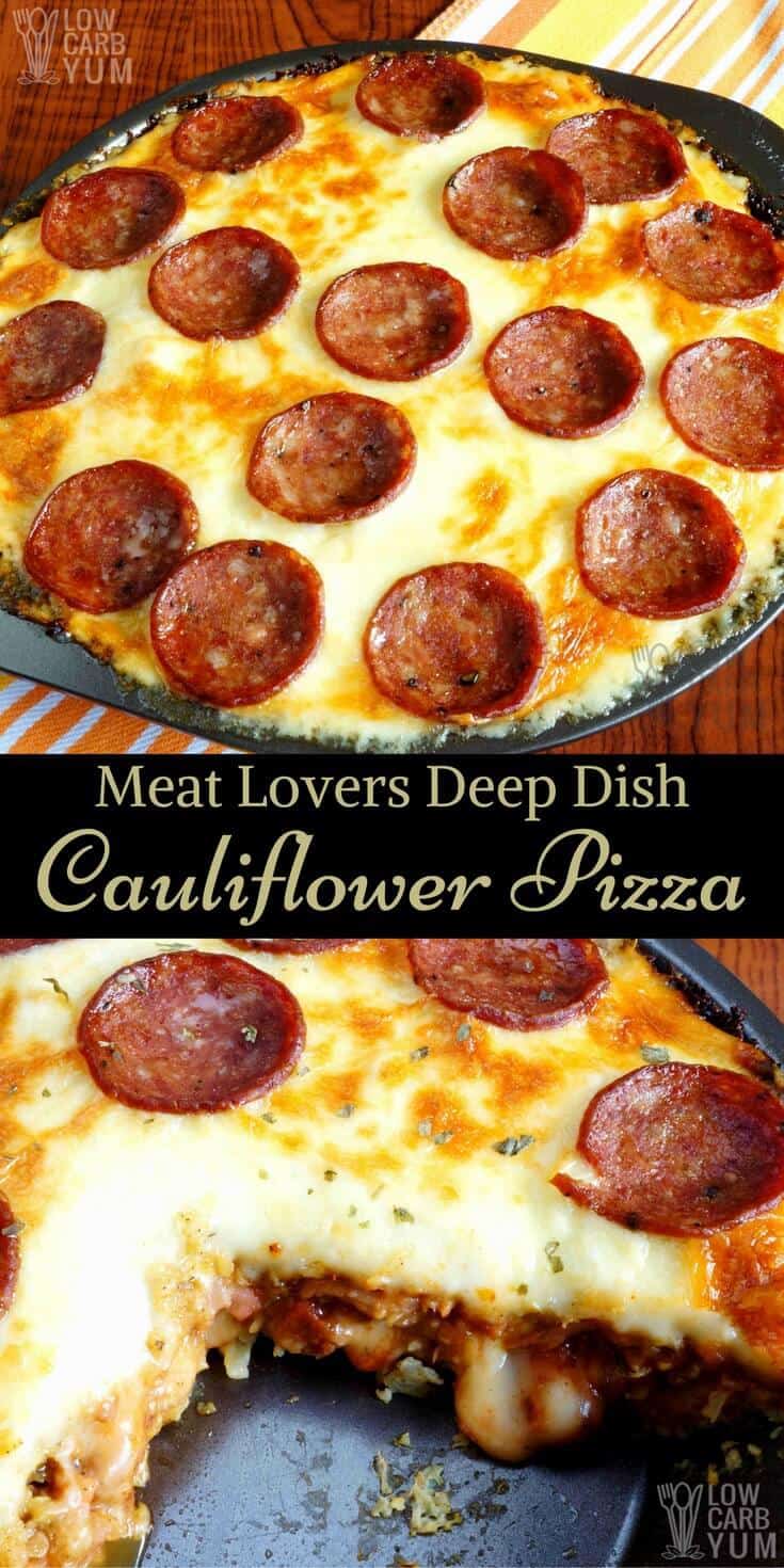 An easy to make meat lovers low carb pizza made in a deep dish pan. This cauliflower crust pizza is gluten free and perfect for a keto diet. #ketomeal #lowcarbdinner | LowCarbYum.com