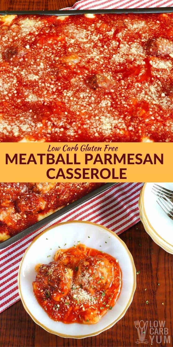 Delicious low carb meatballs are baked with marinara sauce and a mix of parmesan and mozzarella cheeses in this simple meatball parmesan casserole. | LowCarbYum.com