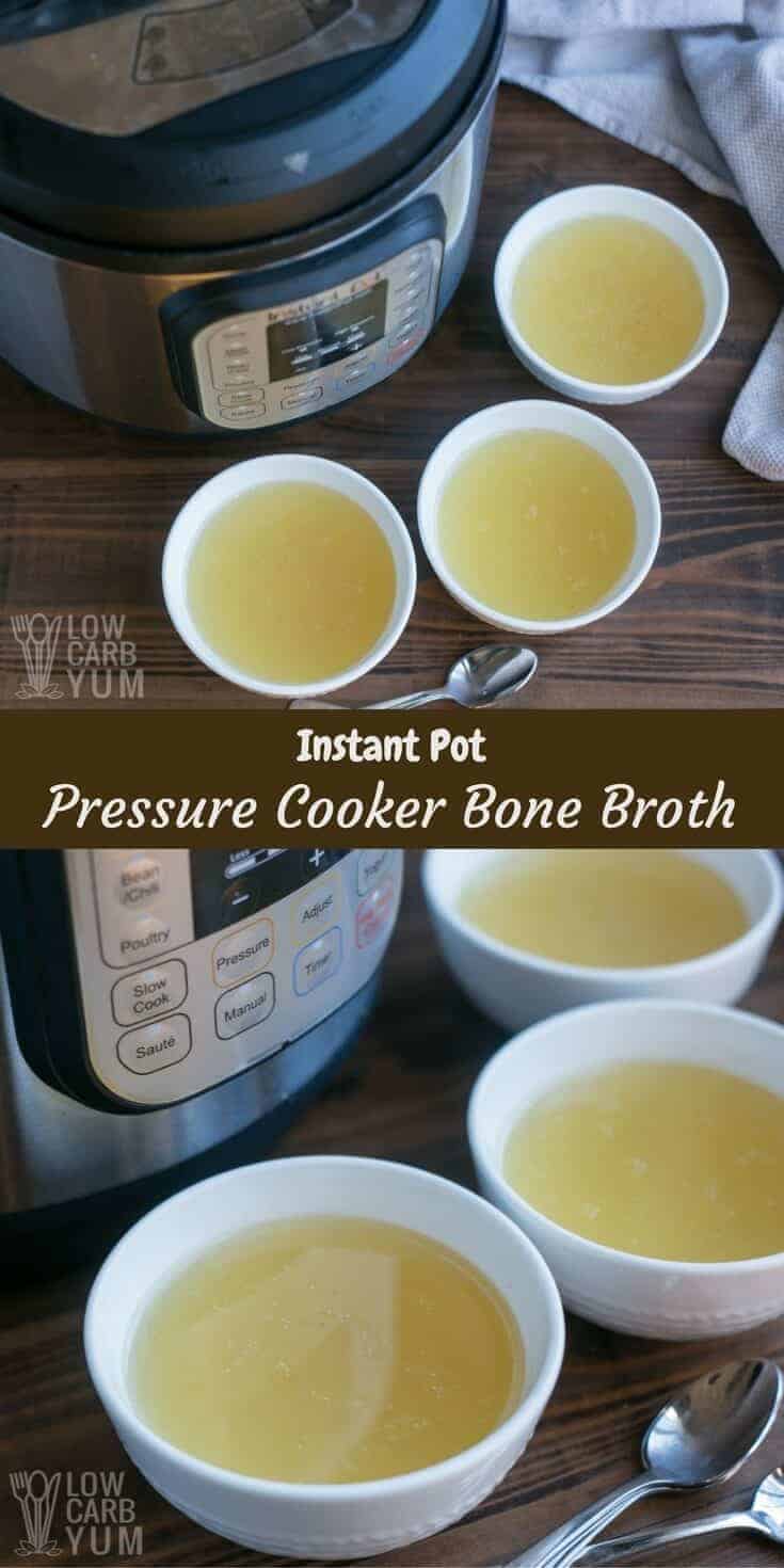 An easy Instant Pot bone broth recipe using the pressure cooker setting to speed up the cooking time. What normally takes a day or more, can now be done in a few hours. | LowCarbYum.com